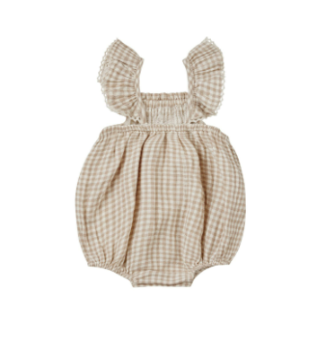 Quincy Mae Bonnie Romper - Oat Gingham  Clara Jane and Jax Children's  Boutique